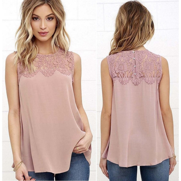 Tops - Sleeveless Lace Top Tank Blouse In Dusty Pink